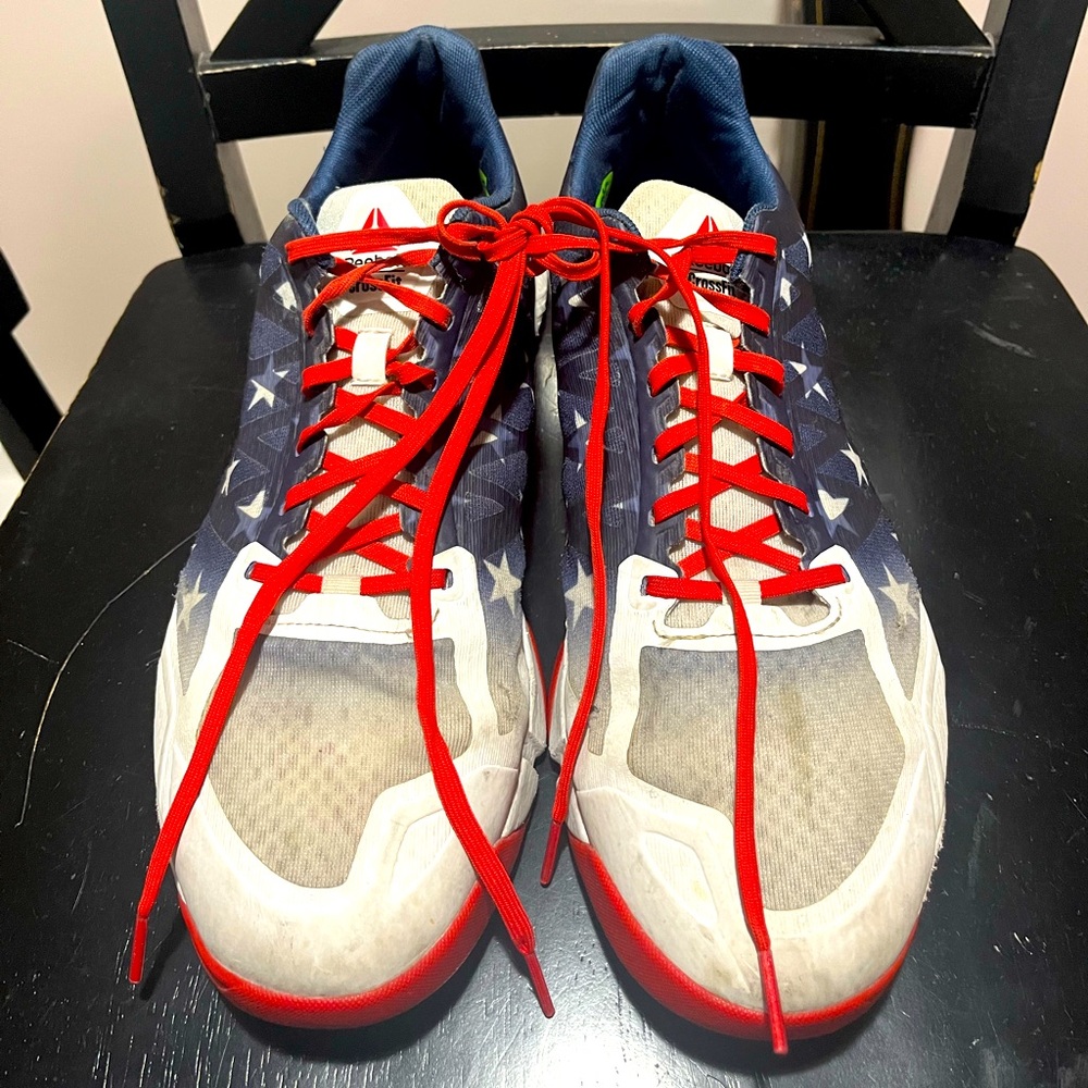 size 11.5 Reebok Crossfit Shoes. Flag and stars color scheme.